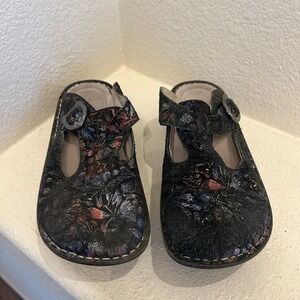 Alegria ALG-343X Womens 37 Black Floral Metallic Leather Mary Jane Clog Mules